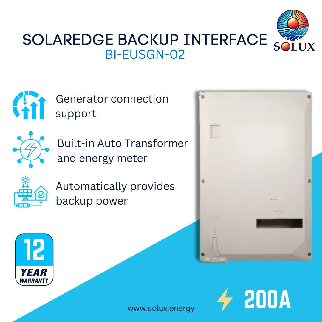 Solaredge Backup Interface BI-EUSGN-02 by Solux, a 200A off-white metal electrical panel shown on a white and blue promotional graphic with feature icons and a 12-year warranty badge.